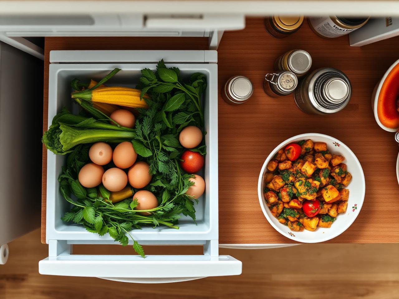 Fresh vegetables, eggs and herbs in a fridge drawer next to a prepared bowl of food